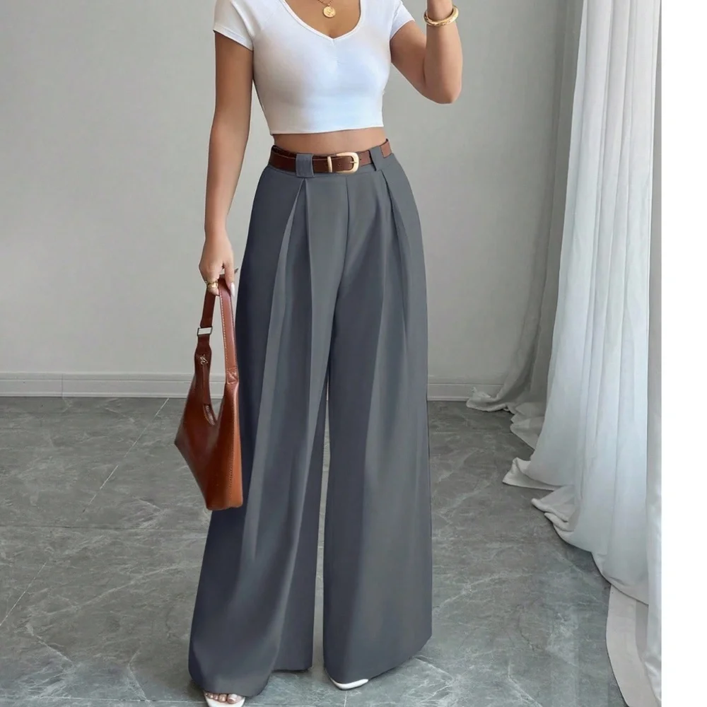Classic Solid Stretchy Waist Pleated Pockets Wide leg Trouser Pants